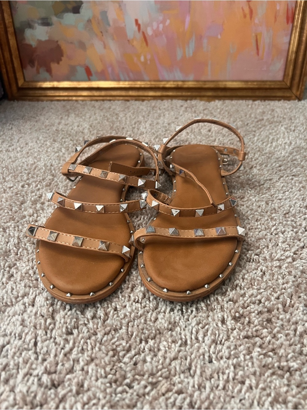 Nicole Miller Studded Tan Strappy Flat Sandals - 7 1/2W